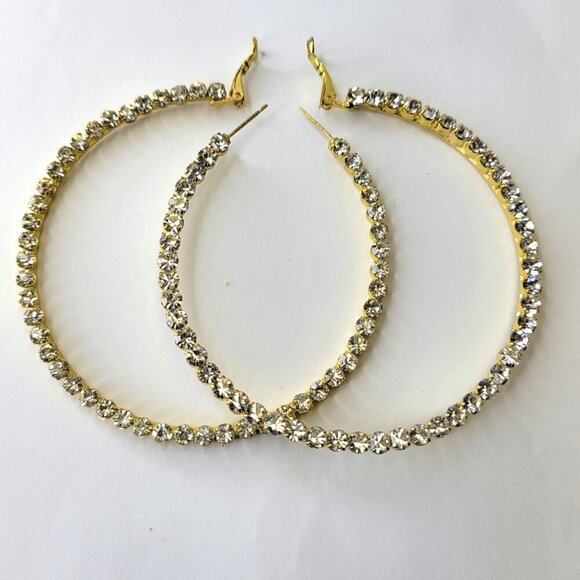 Statement Gold Tone HoopEarrings Crystal Encrusted Hoop Earrings - Picture 2 of 7